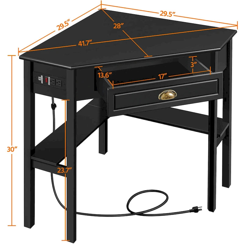 L-Shaped Corner Computer Desk with Built-In Power Outlet, Drawer, and Shelves