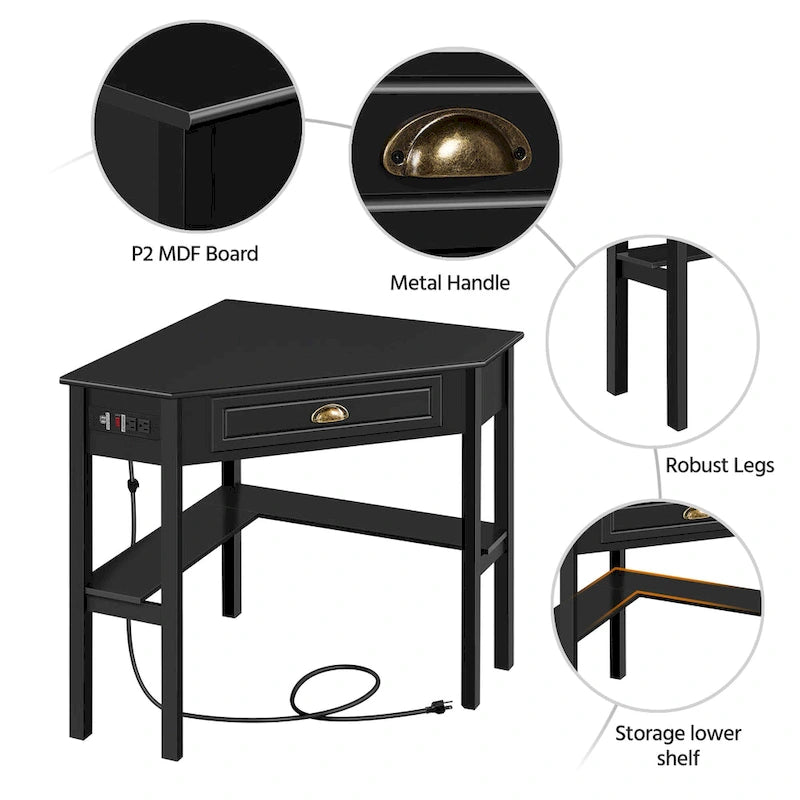 L-Shaped Corner Computer Desk with Built-In Power Outlet, Drawer, and Shelves