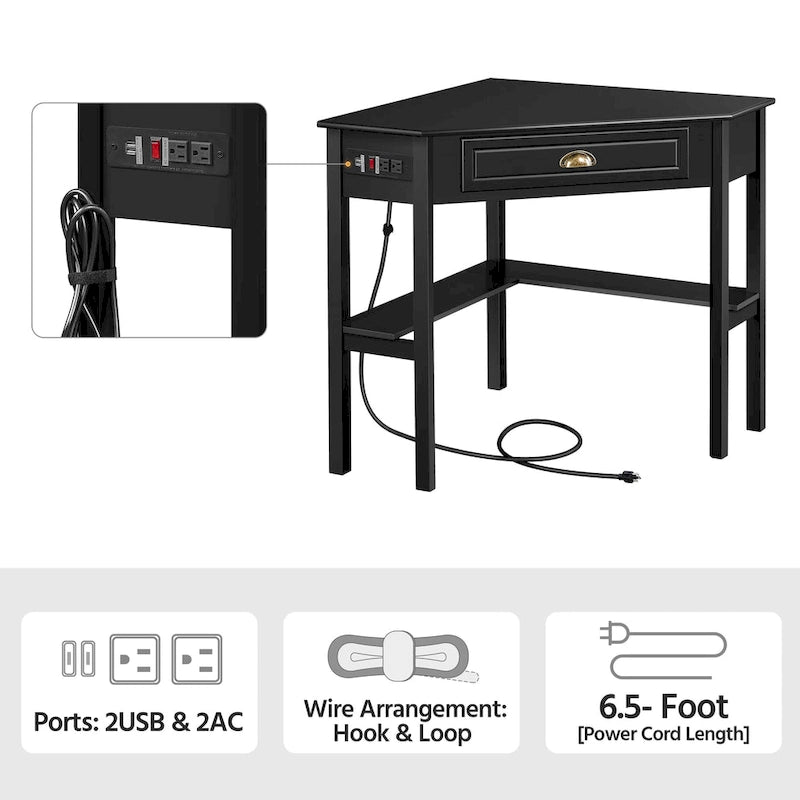 L-Shaped Corner Computer Desk with Built-In Power Outlet, Drawer, and Shelves