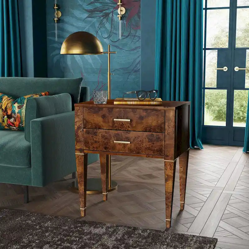 2-Drawer Burl Wood End Table with Gold Accents