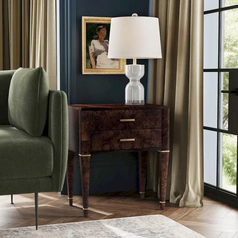 2-Drawer Burl Wood End Table with Gold Accents