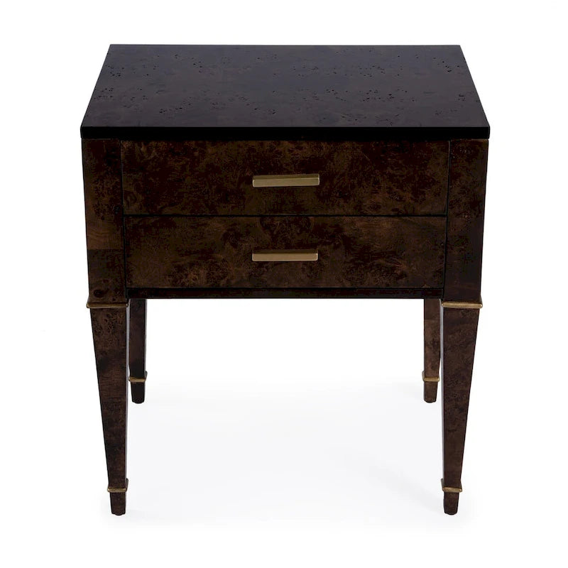 2-Drawer Burl Wood End Table with Gold Accents
