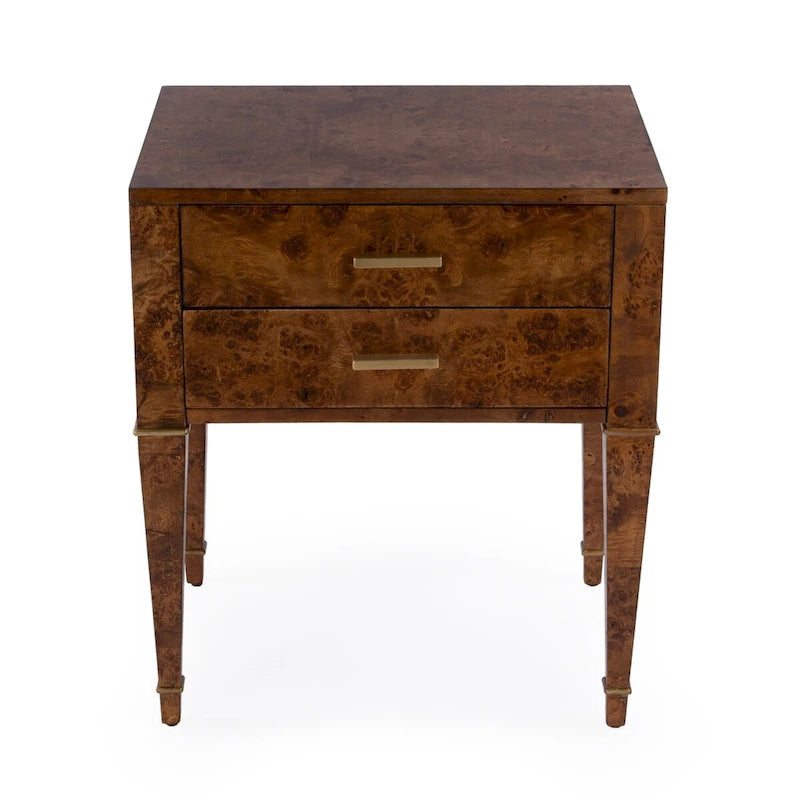 Bijzettafel met 2 laden van wortelhout en gouden accenten