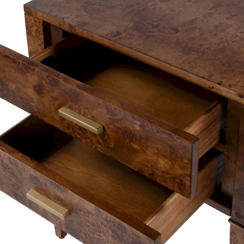 Bijzettafel met 2 laden van wortelhout en gouden accenten