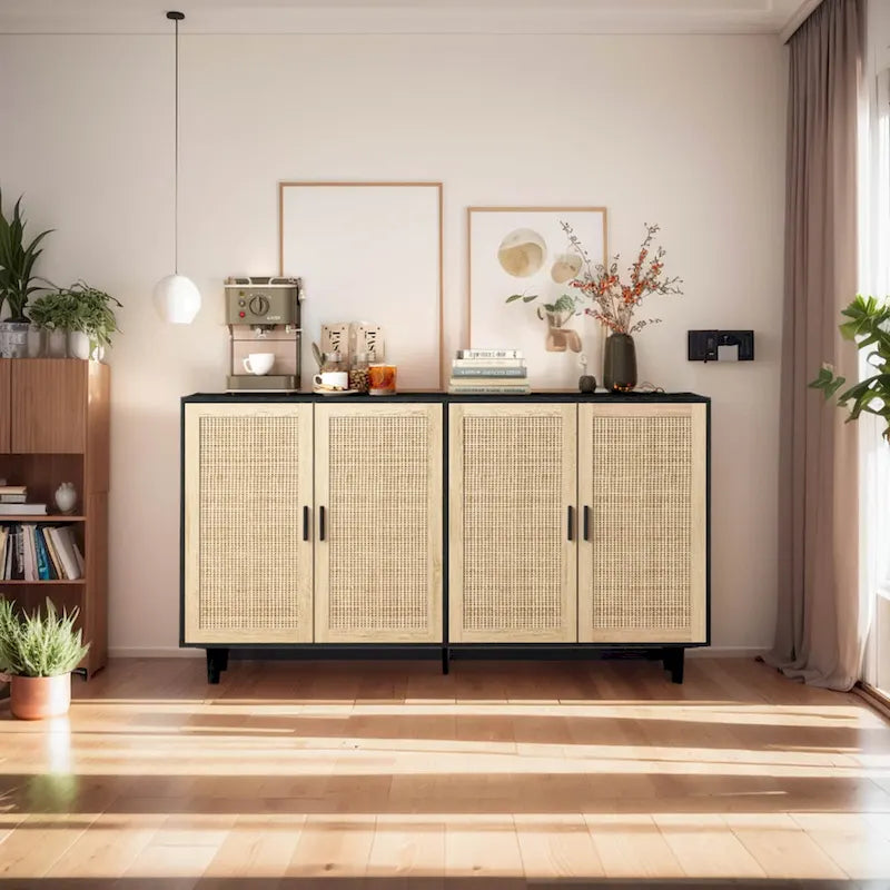62-Zoll-Rattan-Sideboard mit 4 Türen und verstellbarem Einlegeboden