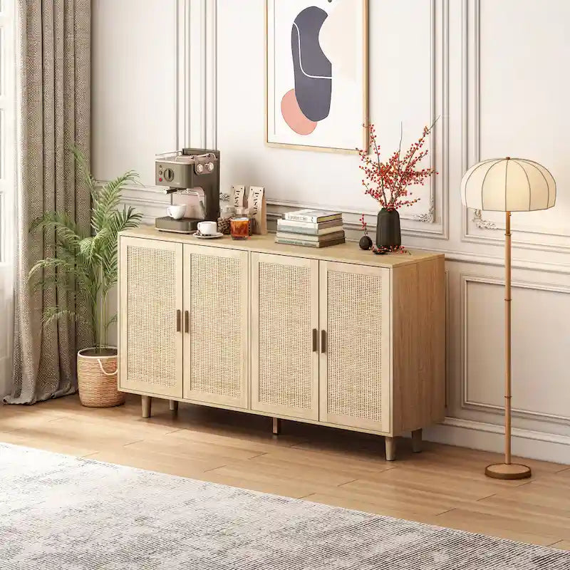 62-inch 4-Door Rattan Sideboard with Adjustable Shelf