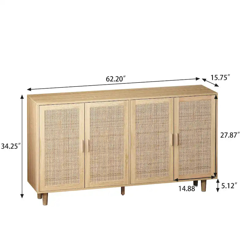 62-Zoll-Rattan-Sideboard mit 4 Türen und verstellbarem Einlegeboden