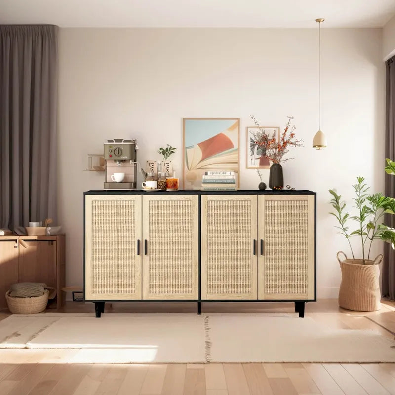 62-Zoll-Rattan-Sideboard mit 4 Türen und verstellbarem Einlegeboden
