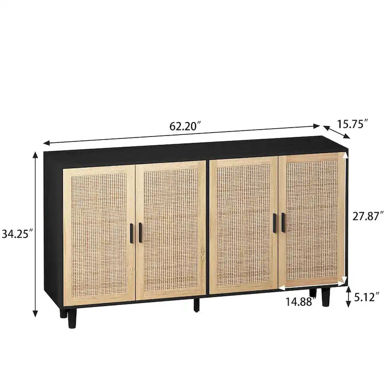 62-Zoll-Rattan-Sideboard mit 4 Türen und verstellbarem Einlegeboden