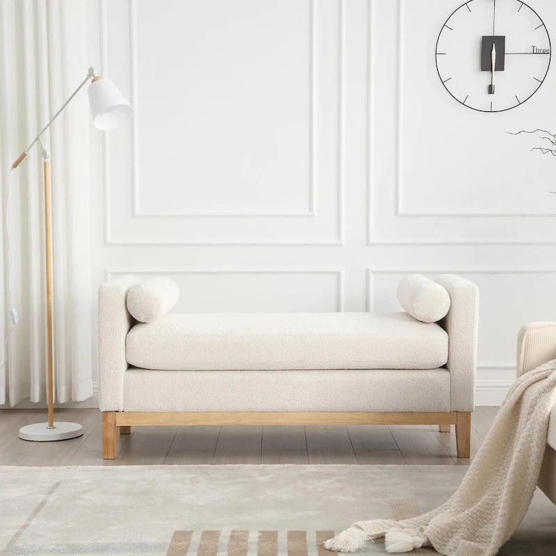 Elegant 53.5 Upholstered Ottoman Bench with Wood Legs & Bolster Pillows