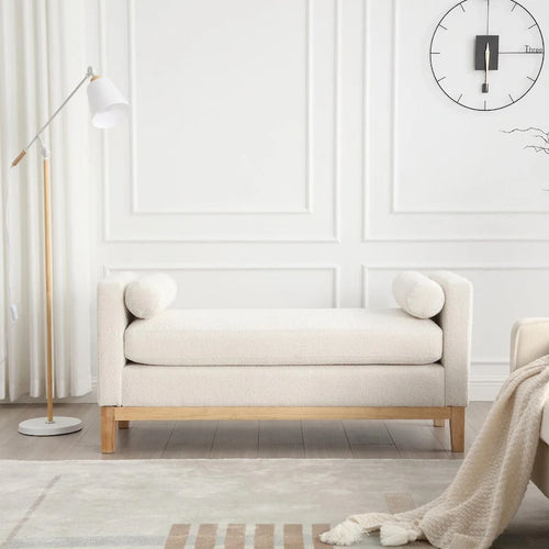 Elegant 53.5 Upholstered Ottoman Bench with Wood Legs & Bolster Pillows