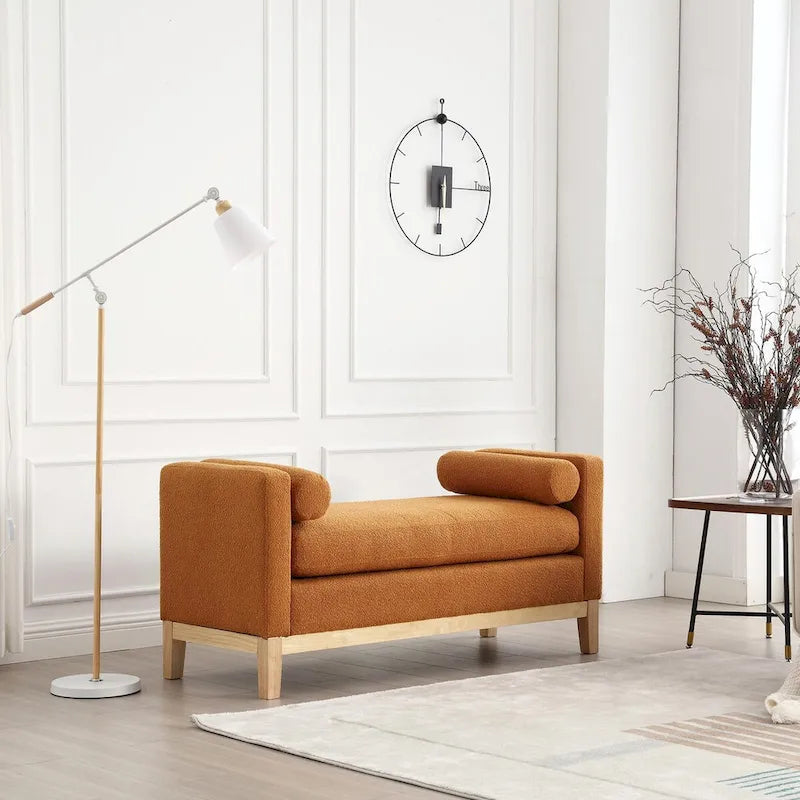 53.5-inch Upholstered Ottoman Bench with Bolster Pillows and Wood Legs