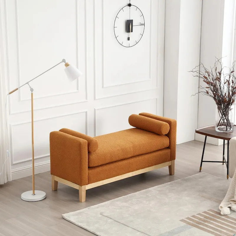 53.5-inch Upholstered Ottoman Bench with Bolster Pillows and Wood Legs