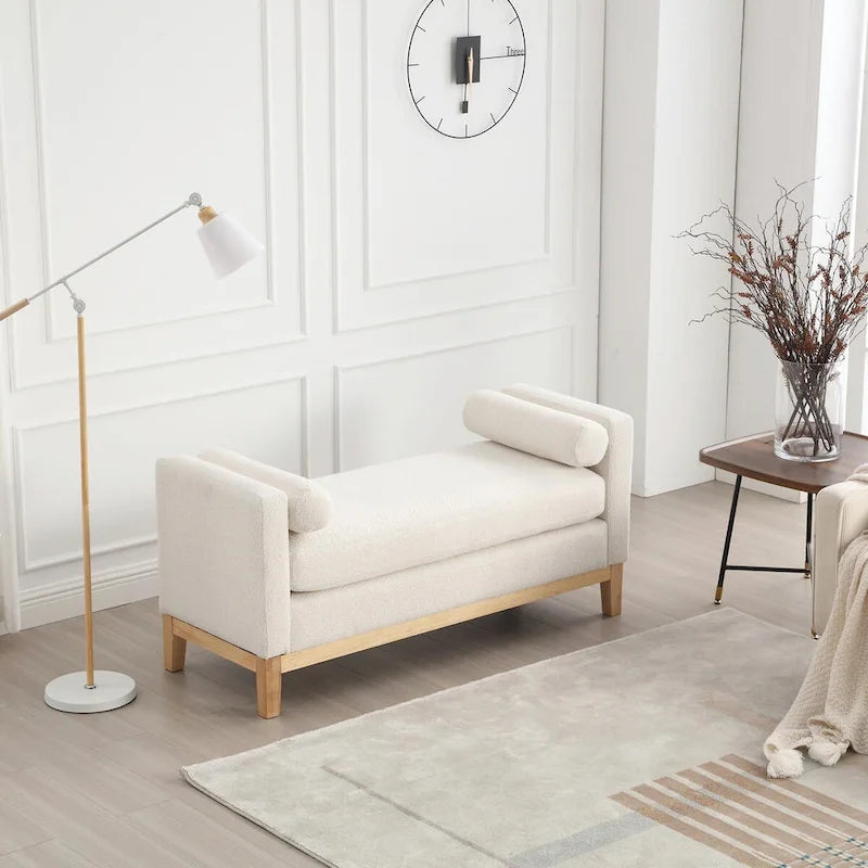 53.5-inch Upholstered Ottoman Bench with Bolster Pillows and Wood Legs